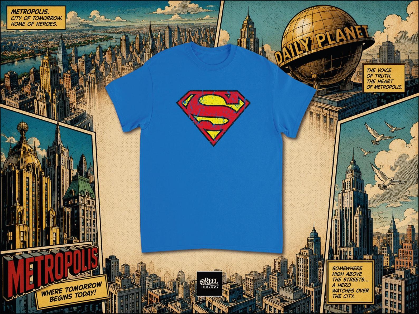 T shirt | Vintage Superman Logo T shirt | Distressed Superhero Tee | Retro Comic Book Shirt | Classic Hero Graphic Tee | Gift for comics Fans S