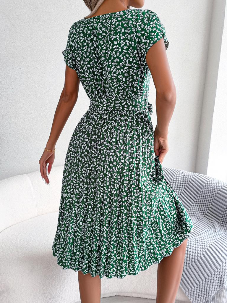 Fashion Floral Pleated A Line Long Dress Women Spring Summer Short Sleeve High Waist Chic Dress 2024 Casual Blue Bohemian Dress