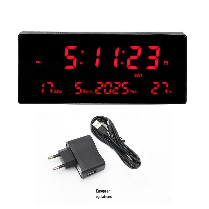 Large Wall-Mounted Digital LED English Calendar Clock with Temperature Display