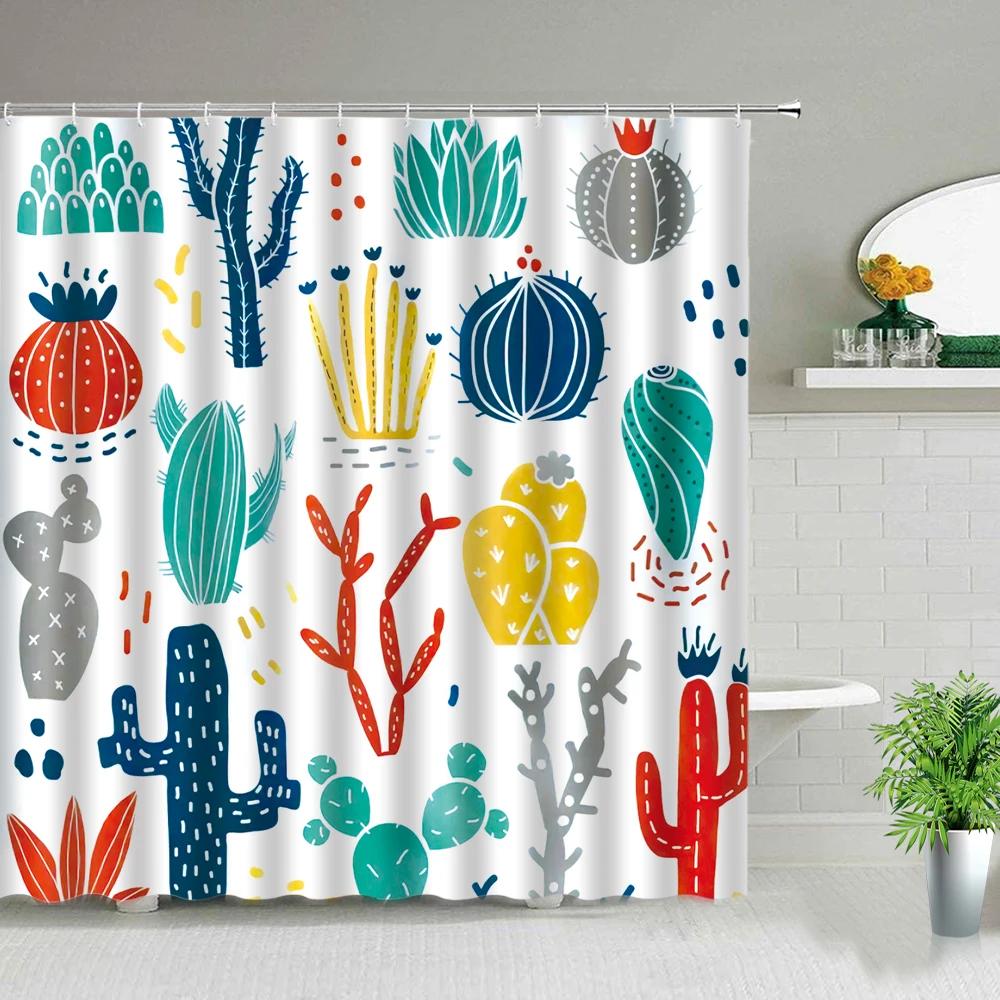Hower Curtains of Textile Water Color Cactus Flower Tropical Plants Colorful Succulents Pattern Bathroom Shower Curtain Set