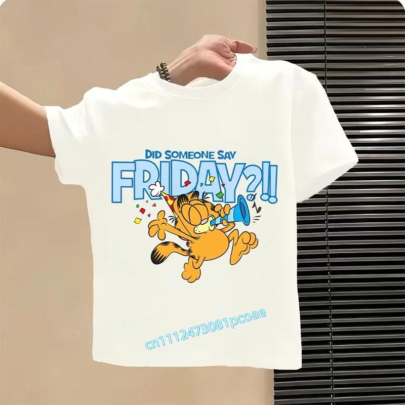 boys' sports shirt, girls' casual top with cartoon print, summer T-shirt Garfield's new children's pure polyester short-sleeved