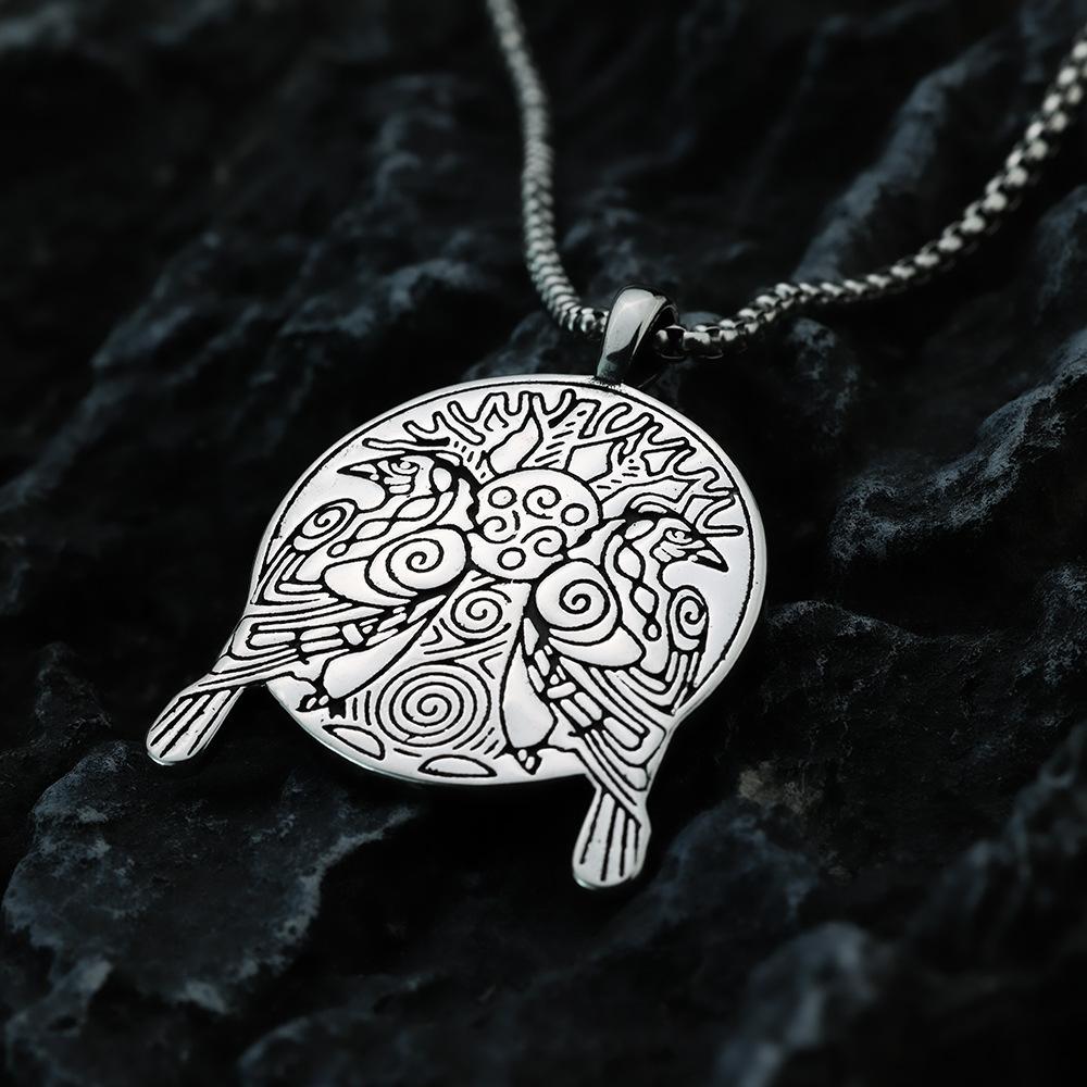 Vintage Viking Double Sided Tree of Life Raven Pendant Men Stainless Steel Necklace