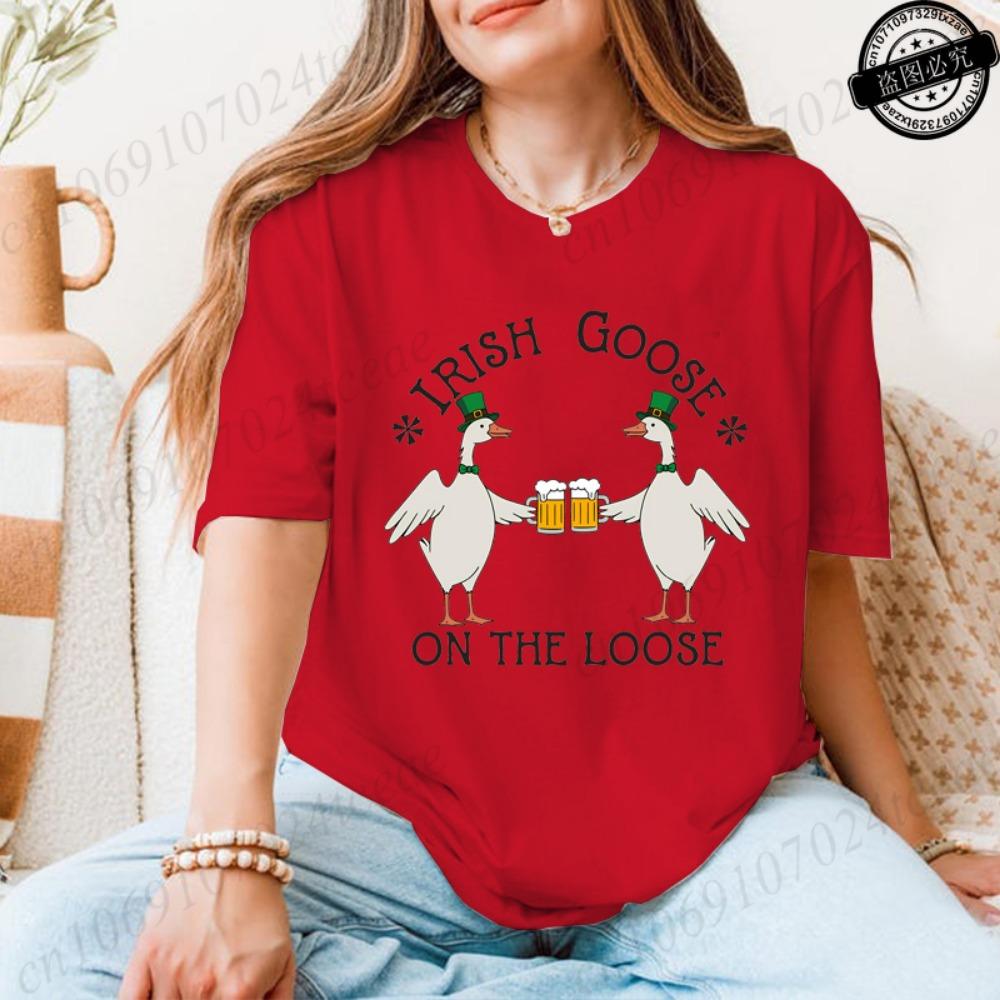 Lucky Goose on The Loose Printed Tshirt Shirt for Women St Patrick's Day T-Shirts Short Sleeve Drinking Goose Fashion Tops Tees
