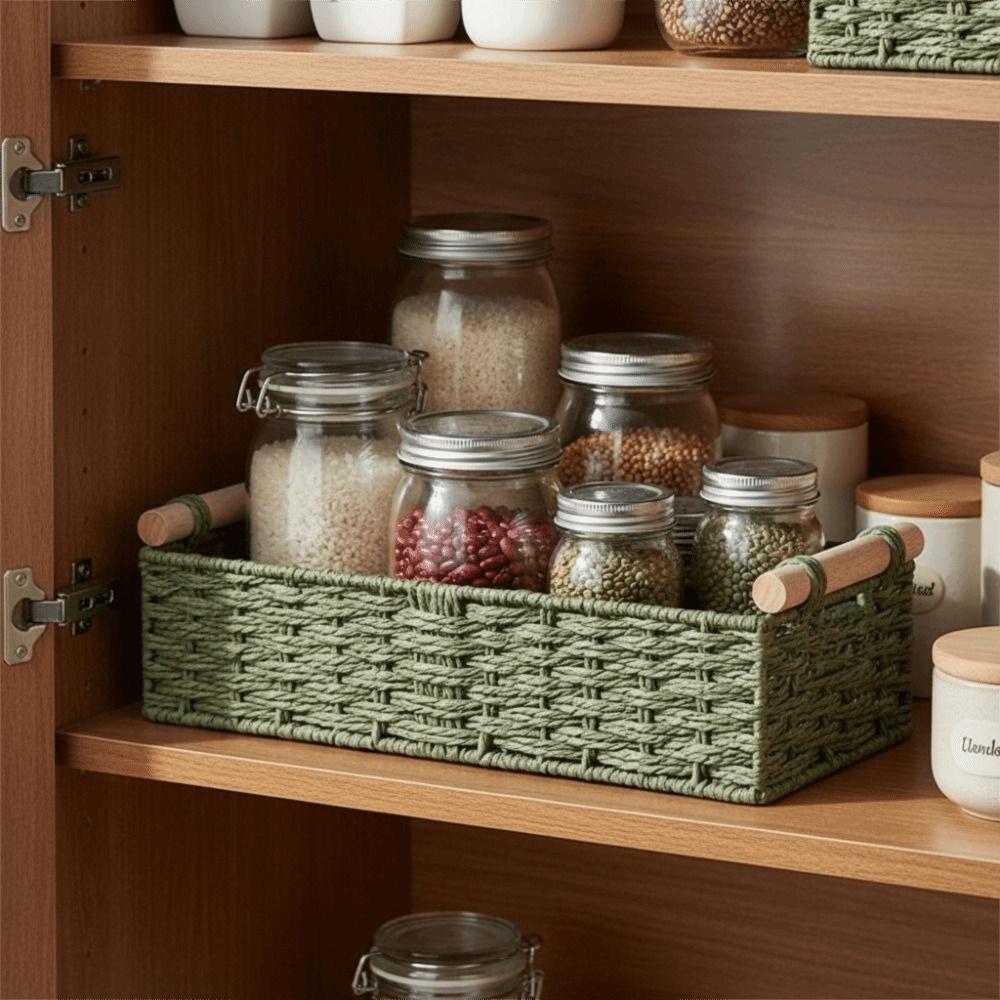 Handwoven Braided Toilet Paper Basket Wood Handle Sundry Storage Basket Snack