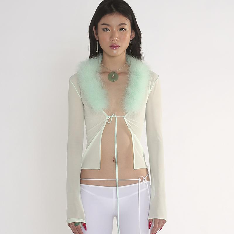 2022 Women Feather Fur Mesh Lace Up Backless Long Sleeve Cut Out Shirt Slim Sexy Party Club Streetwear Summer Y2K Crop Top