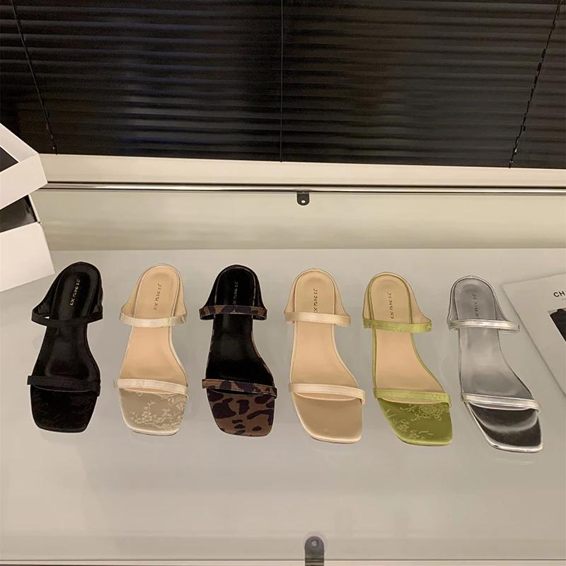 Summer Leopard Square Toe Women Slippers Elegant Low Heel Slide Ladies Outdoor Beach Dress Sandalias