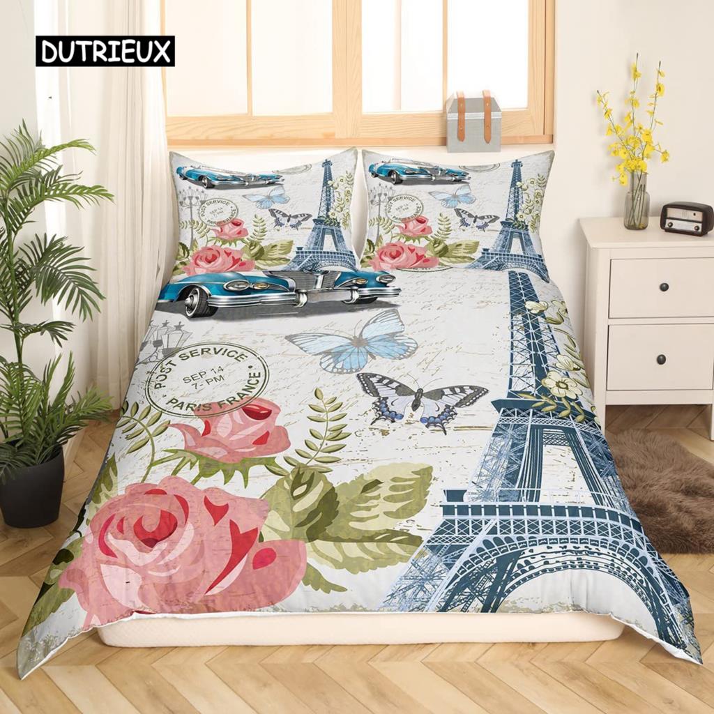Valentine Day King Queen Duvet Cover Paris Eiffel Tower Bedding Set Pink Watercolor Tulips Flowers Balloon Polyester Quilt Cover