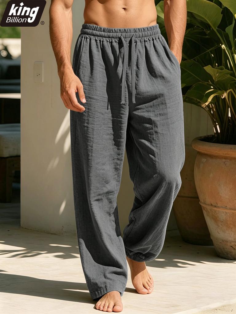 Men's Linen Blend Casual Pants — Elastic Drawstring Waist, Loose Straight Leg, Breathable Summer Trousers In Black