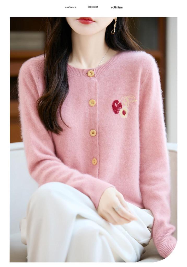 Women's Autumn Embroidered Round Neck Single-Breasted Wool Knit Cardigan