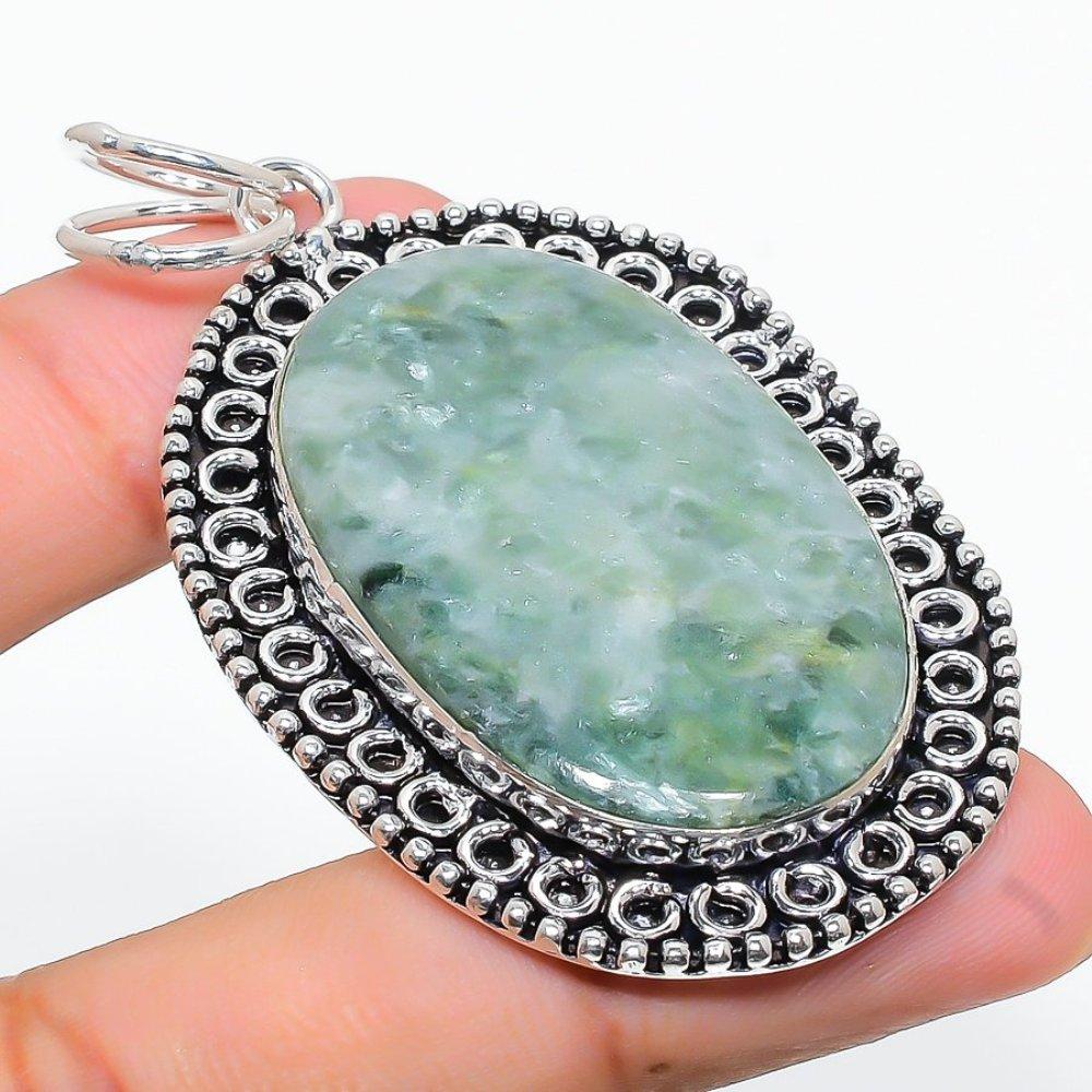 Natürlicher Seraphinit Edelstein Handgefertigter 925 Sterling Silber Anhänger 2,68" Q3c23