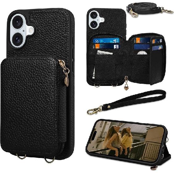 Keallce Case for iPhone 16 Plus 6.7   Wallet, Crossbody Zipper Purse with RFID Blocking Card Slots Kickstand, Detachable Lanyard & Handstrap Flip