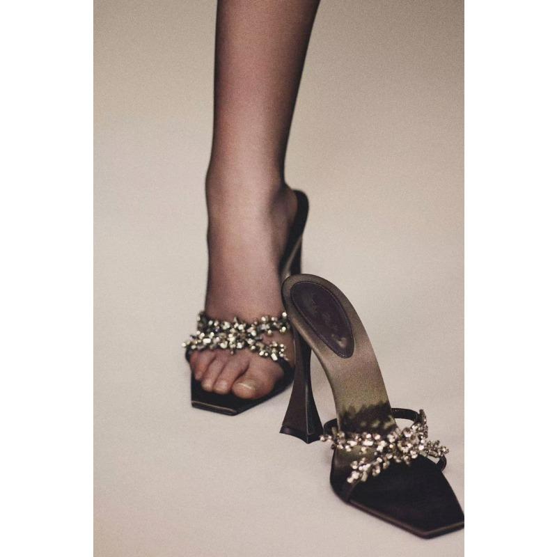 New Summer Women's High Heel Sandals Cross Rhinestone Square Head Open Toe Sandals Silk Sexy Stiletto High Heels Mules
