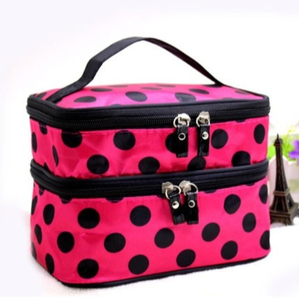 New Double-layer Makeup Bag Large Capacity Polka Dots Travel Makeup Case Portable Women Cosmetic Bag