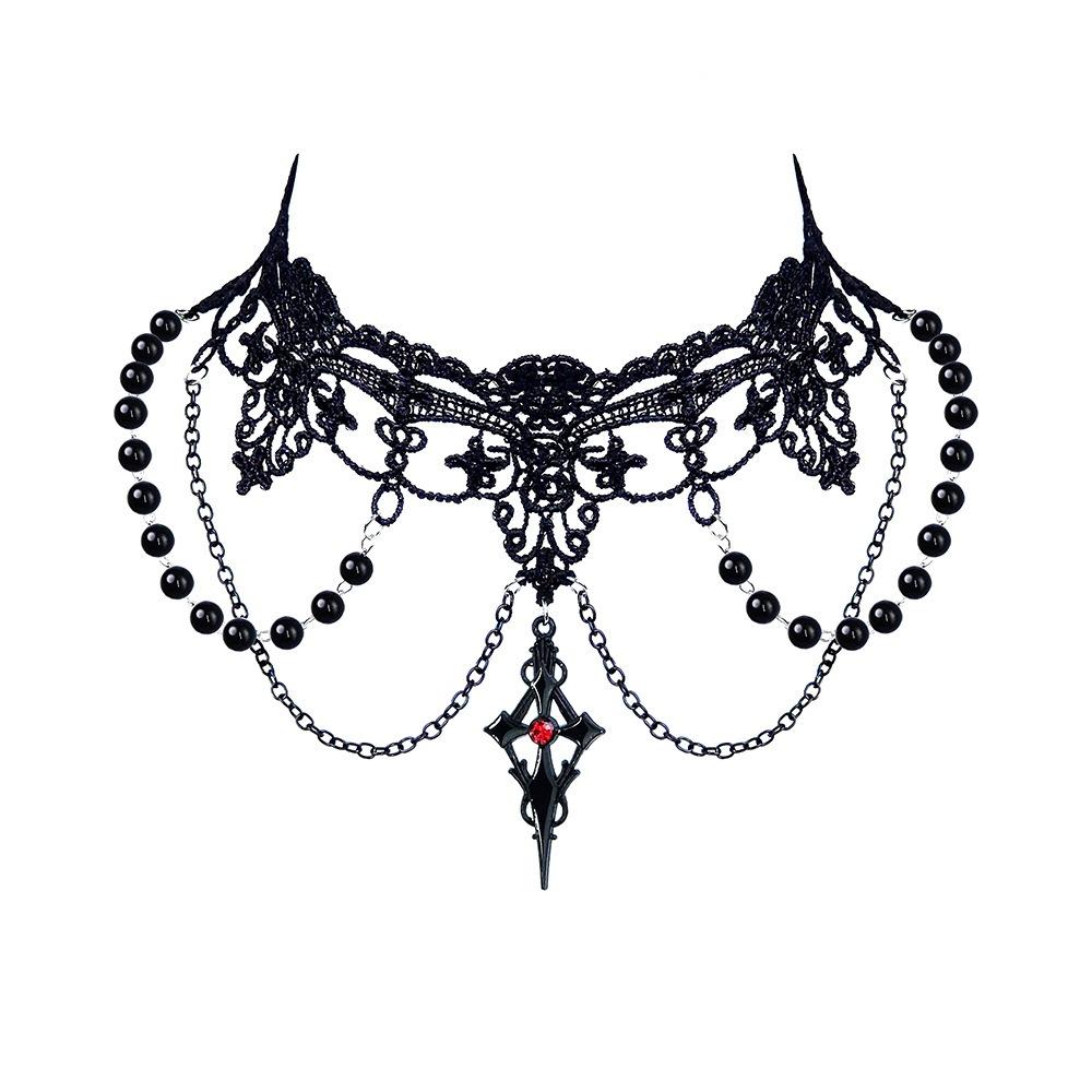 Vintage Retro Lolita Gothic Lace Pearl Choker Necklace Pendant Adjustable Chain Halloween Party Costume Jewelry Women's Fashion