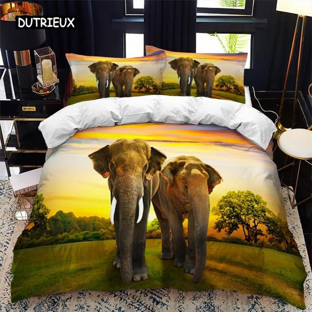Elephant Duvet Cover Set Queen Size Wild Animal Theme Twin Bedding Set for Kids Teens Boys Microfiber Double King Quilt Cover