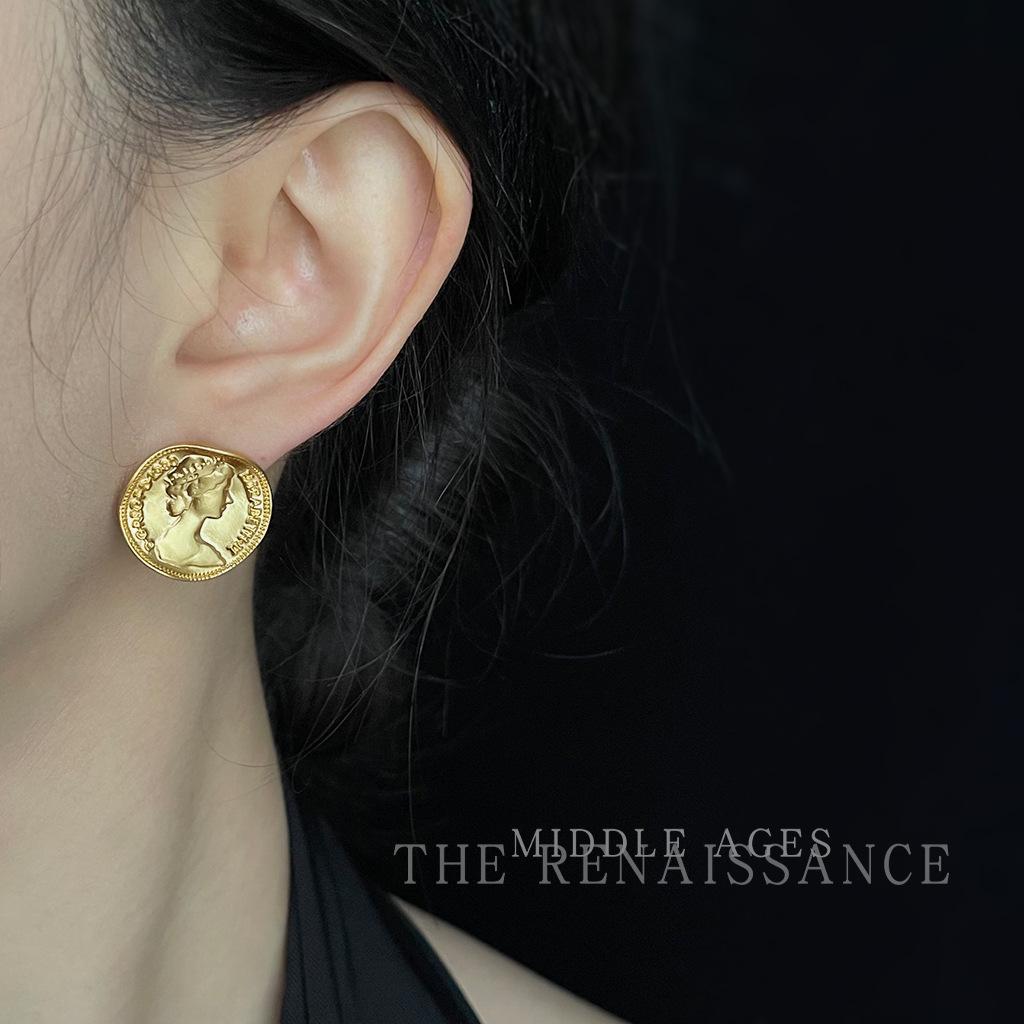 Light Medieval Retro Portrait Coin Geometric Irregular Round Stud Earrings Ear Jewelry