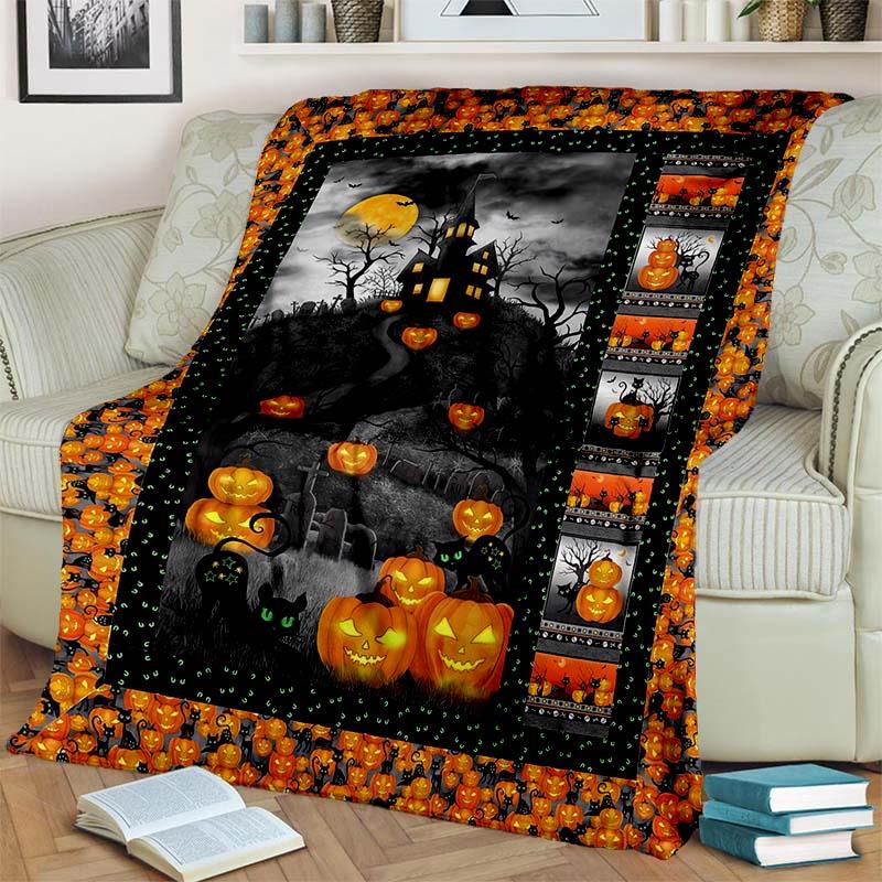 Halloween Pumpkin Ghost Print Flannel Blanket Cozy Warm Throw Bedroom Sofa Present Indoor Home Holiday Lounge Bedding Decor