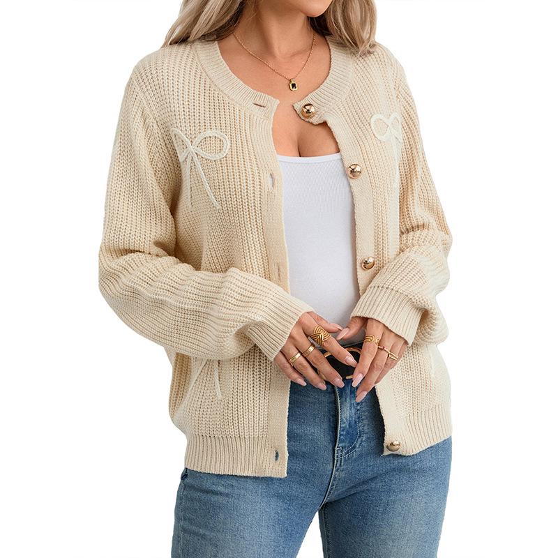 2026 Autumn/Winter Women's Bow Knot Cardigan: Casual Long Sleeve Outerwear