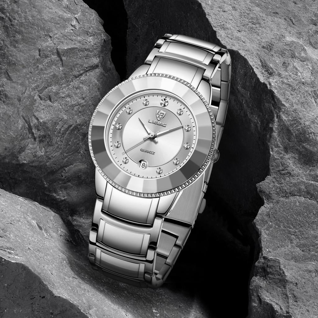Men's Watch Stainless Steel Diamond Silver Luminous Analog Calendar Quartz Watch 3ATM Waterproof Men's Fashion Accessory