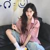 Pink Short Sleeved Women's Shirt Contrasting Retro Casual Turn-Down Collar Top Korean Style Simple Loose Ladies Coat