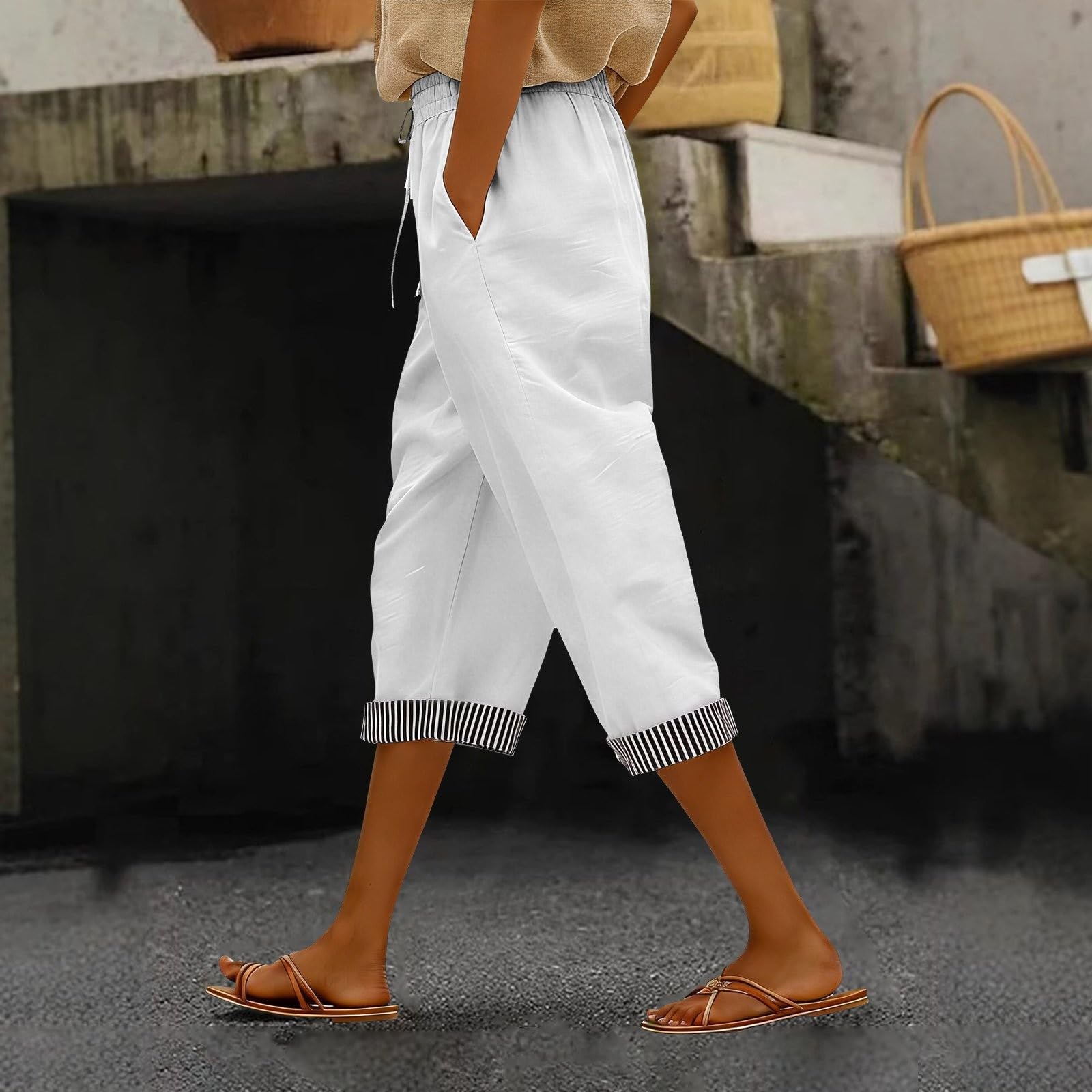 

Women s Casual Linen High-Waisted Elastic Wide-Leg Striped Patchwork Loose Cropped Pants XL білий
