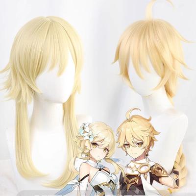 Peluca de cosplay de Aether Lumine, de alta calidad, color rubio dorado, resistente al calor, de pelo sintético, con gorro.