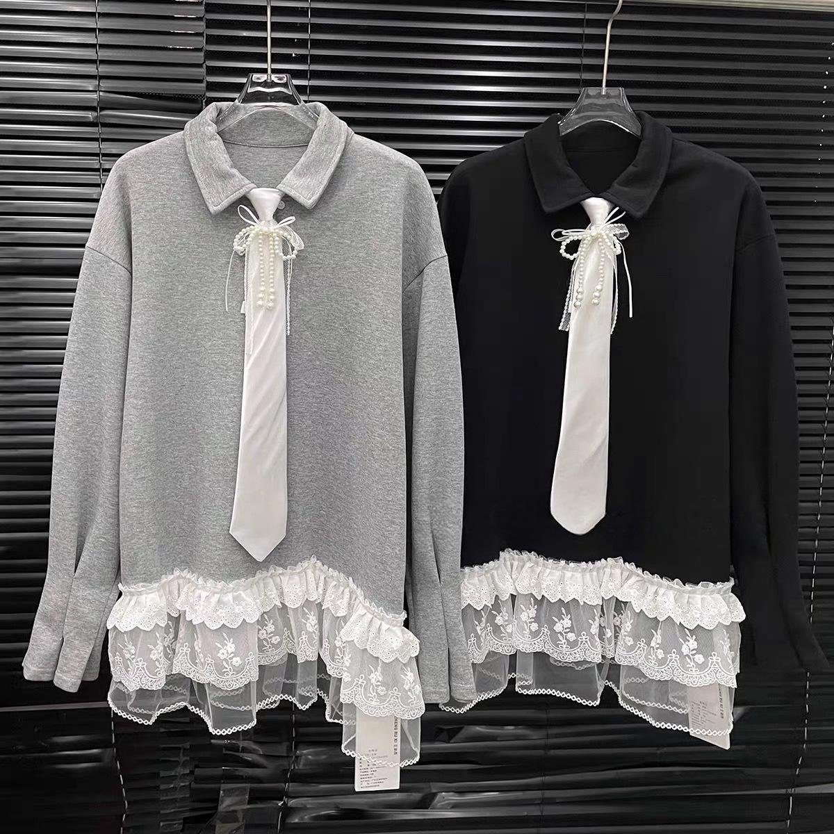 Spring 2026 Women s Slimming Lace Patchwork Dress - Long Sleeve POLO Collar Design Short Skirt L