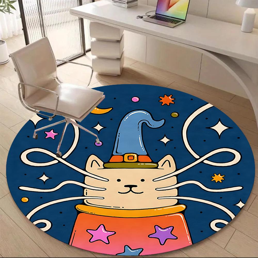 1pc Witch Cat Office Round Area Rug, Indoor Mat Suitable ForOffice, Under Office Chairs Bedroom Living Room Home Decor, Room Deco q044