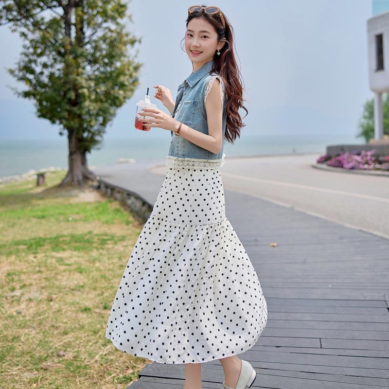 Women's Retro Denim Jacket & Polka Dot Slip Dress Set - 2025 Summer Fashion N66101