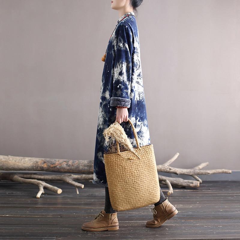 Johnature Frauen Vintage Plus Samt Kleid Stehen Lose Drucken Floral Langarm Kleider Herbst Winter Patchwork Kleidung