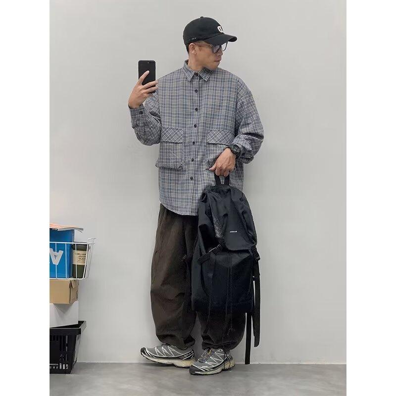 Japanese Spring and Autumn Large Pocket Plaid Long-Sleeved Shirt Fashion Brand Loose Couple Contrast Color Street Shirt Coat Men