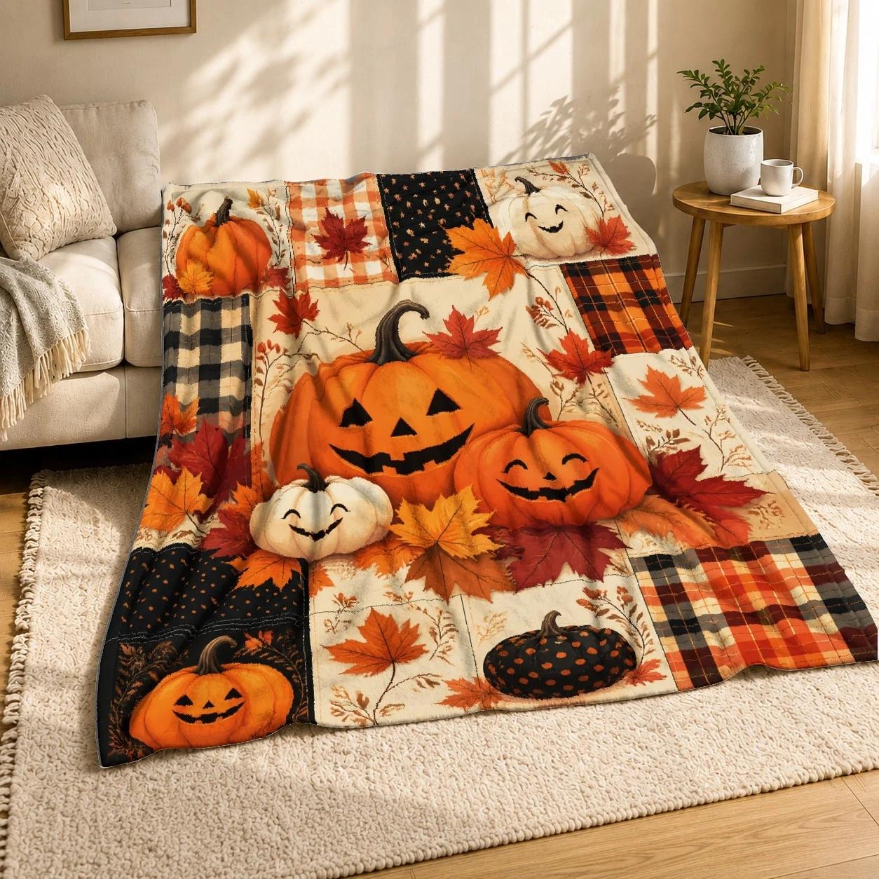 Halloween Pumpkin Patchwork Coral Fleece Blanket