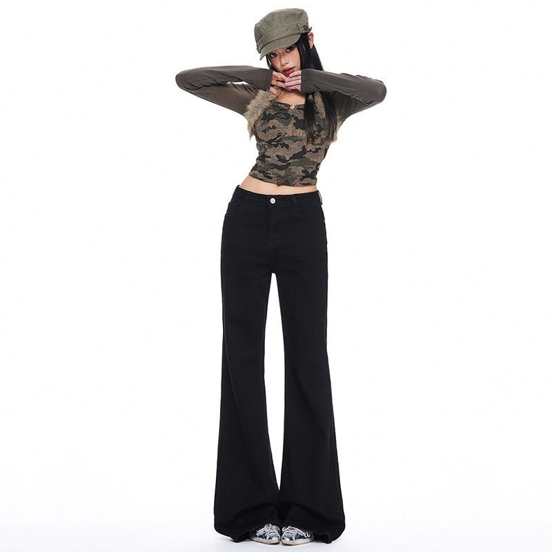 American black micro-pull jeans women's autumn new small high-waisted thin flared pants without sticking to the legs