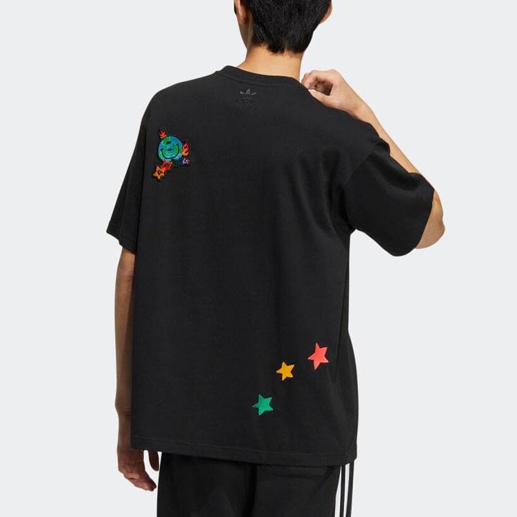 Adidas Logo Kreslený Vzor Vyšívané Tričko s Krátkým Rukávem a Kulatým Výstřihem Unisex Topy Černé HM8041