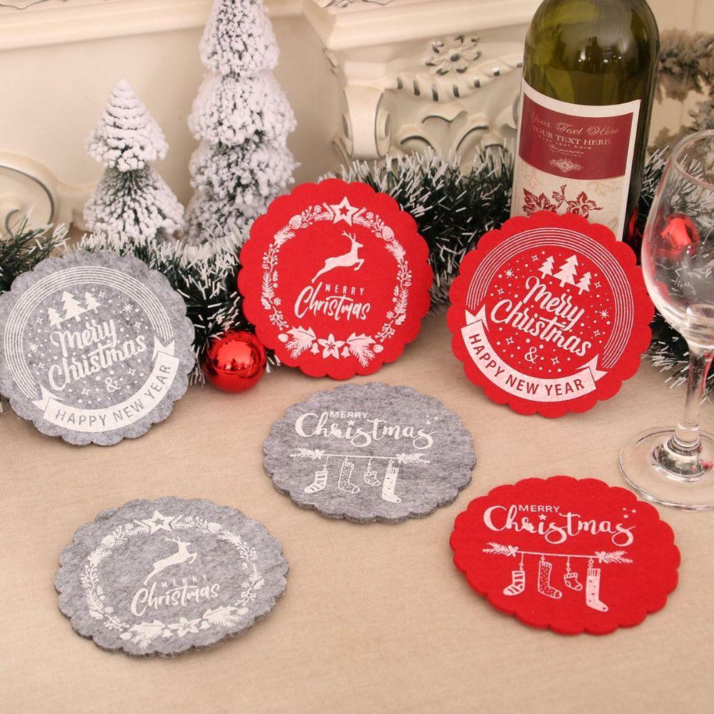 10pcs Red Grey Christmas Felt Coasters Non-Slip Merry Christmas Decoration  New Year Gifts