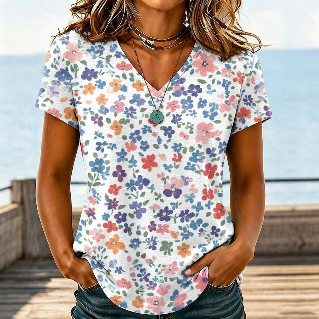 Womens Casual V Neck T Shirt Short Sleeve Floral Print Top Lightweight Comfortable Soft Fabric Blouse for Everyday Wear