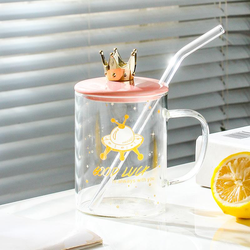 Keramiskt lock borosilikatglas sugrörskopp 500ML personlighet söt drickskopp stor kapacitet mugg med lock