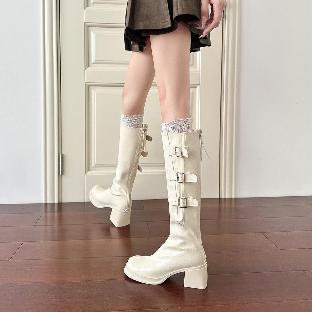 White Pile Boots Women's Autumn and Winter New Boots Women's Thick Heels But Knee Boots Women's Thick-soled Thin Boots