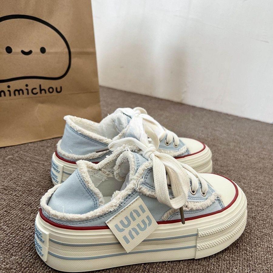 

Two wear thick-soled heel can step on rough-edged flowing sail cloth shoes, spring and autumn student canvas shoes, women 35 синій