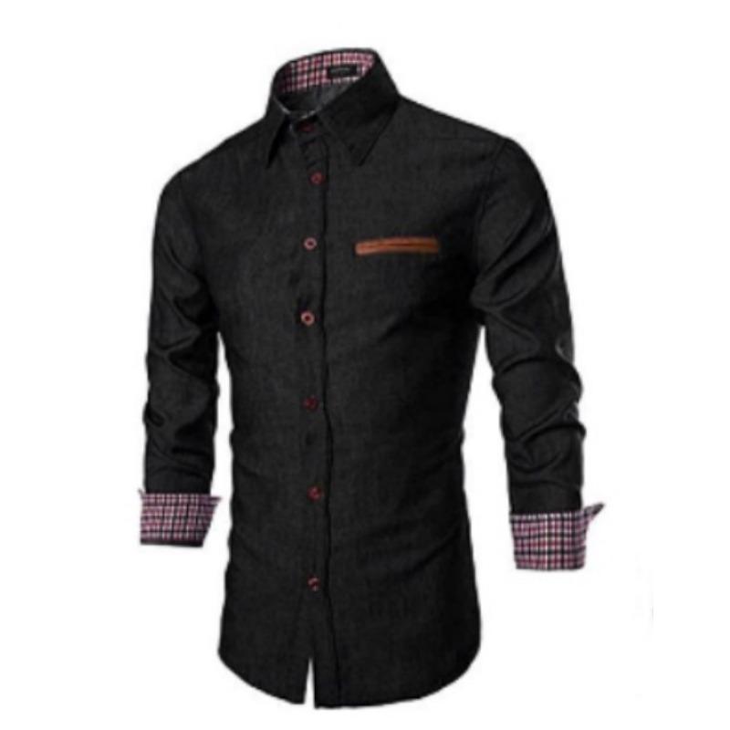 Spring Autumn Hot Men's Casual Shirt Pocket Splicing Cotton Slim Fit Long Sleeved Shirt Cowboy Shirt Men