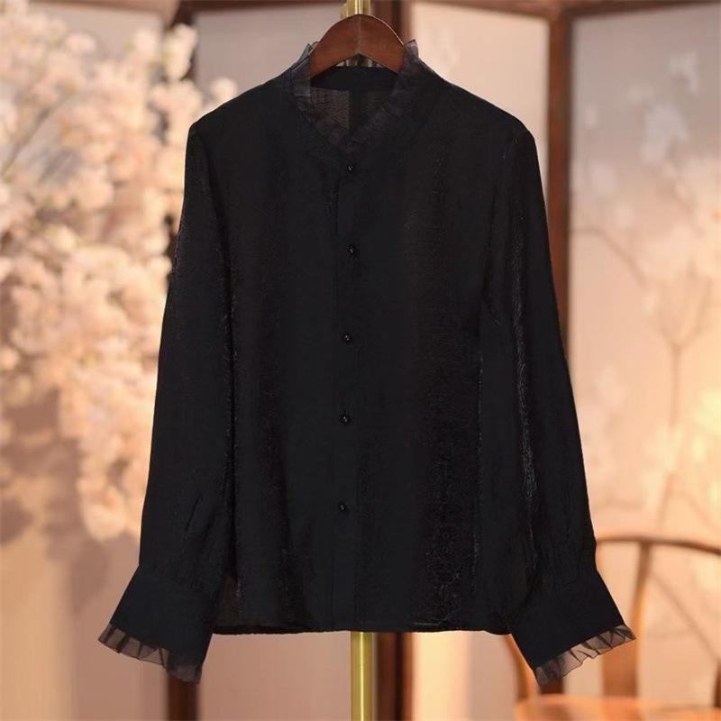 

2026 Early Spring Luxury Chinese Style Long Sleeve Brocade Shirt - Retro Young Fashion 4XL чорний