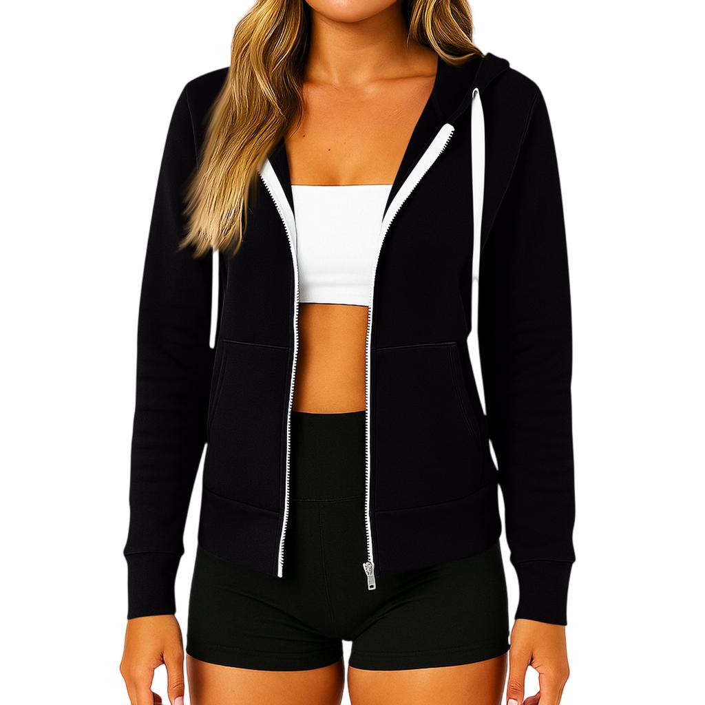 Women's Fashionable Solid Color Long Sleeved Hooded Pocket Zipper Casual Sweatshirt Jacket