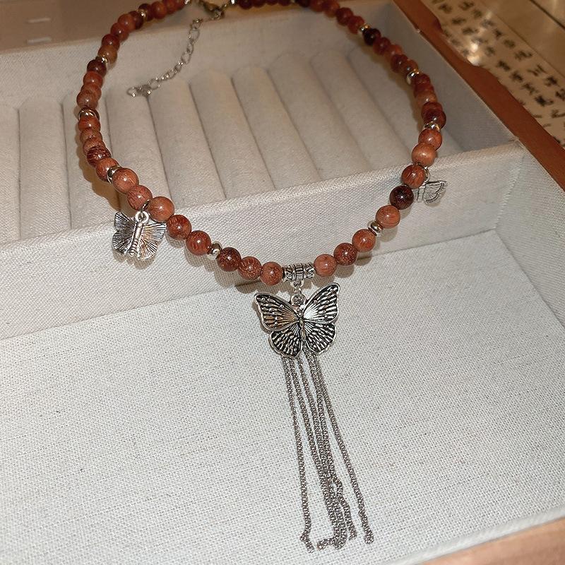 Melad Coffee Colored Tiger Eye Stone Bead Necklace, Niche Retro Collarbone Chain, Personalized and Fashionable Design Accessory