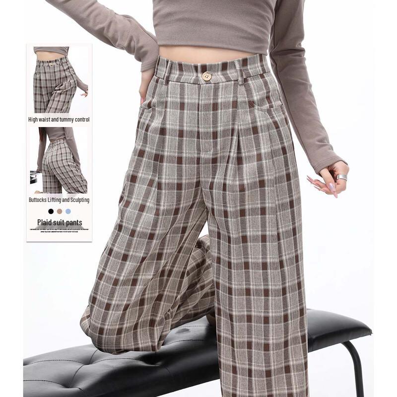 Women's Plaid Pleated Wide-Leg Suit Trousers