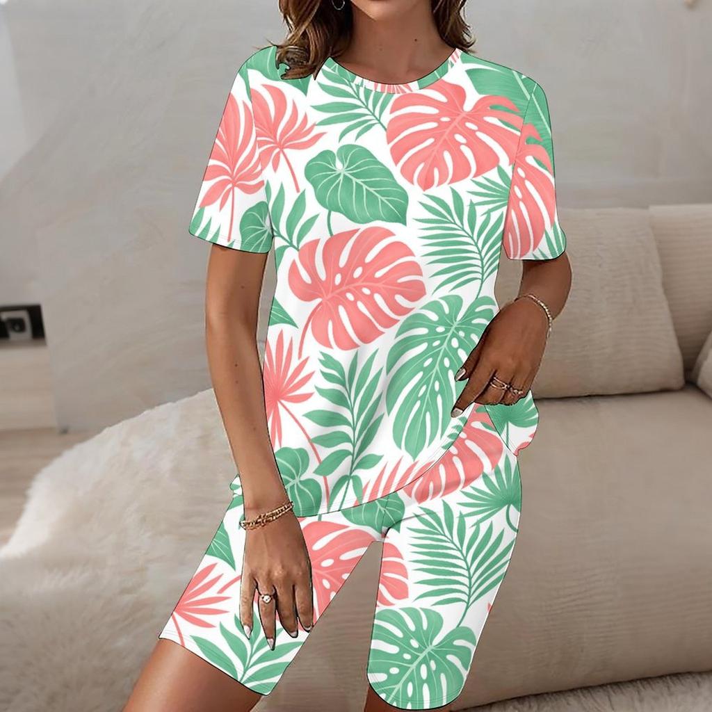 Women Plus Size Round Neck Short Sleeve Tropical Leaf Printed Two Piece Set Longline Top Fitted Shorts