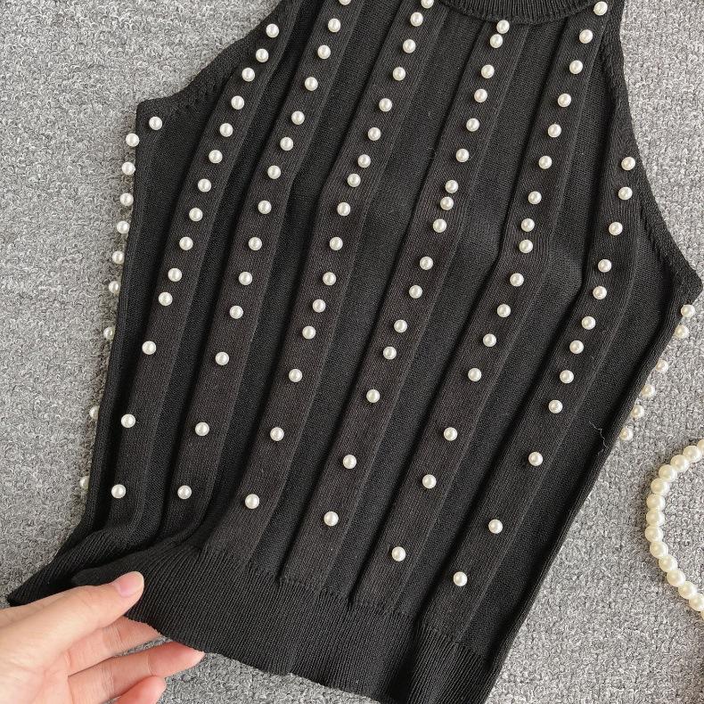 Pure Desire Top Women's Heavy Industry Beads Slim-fitting Short Sexy Off-the-shoulder Neck Sling Vest Women's Versatile Knitted Sweater Tide