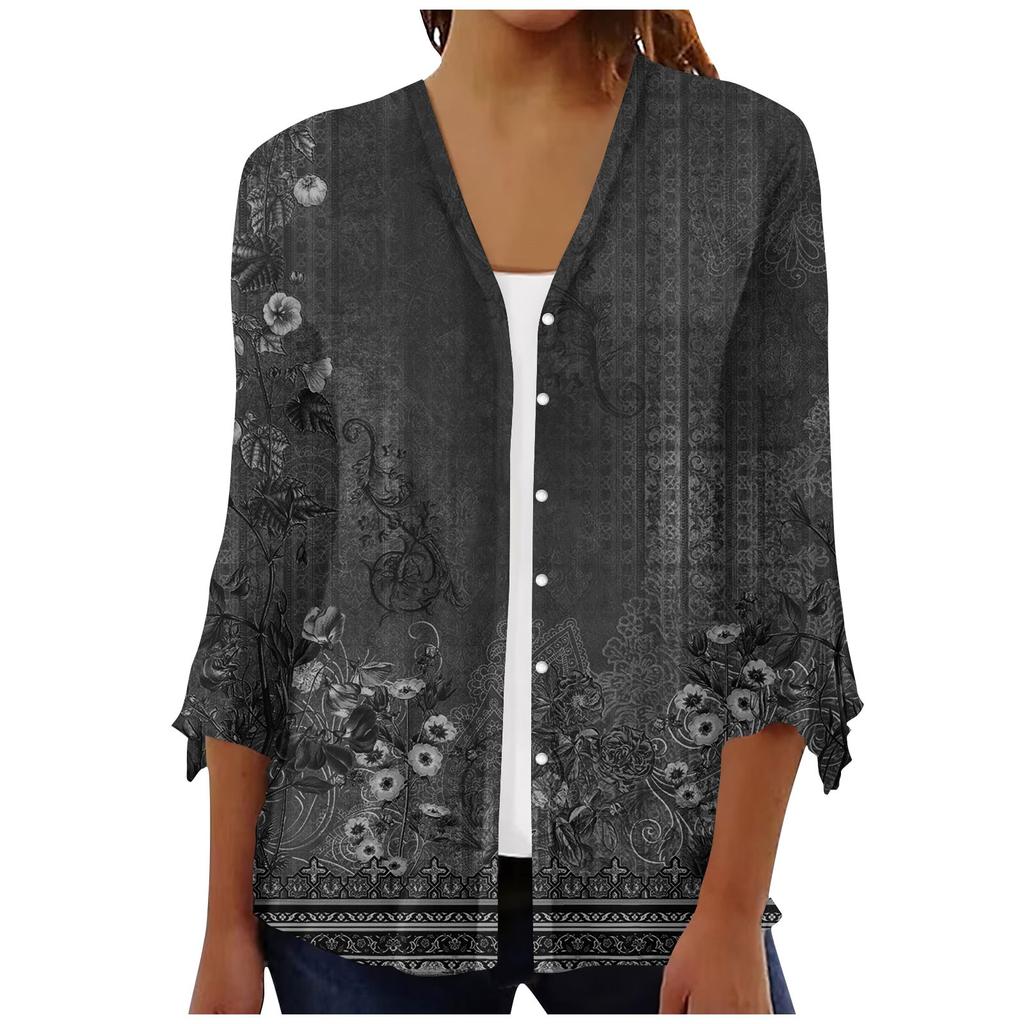Women's Shirt Blouse Outerwear Print 3/4 Length Sleeve Casual Holiday Basic Button Tops