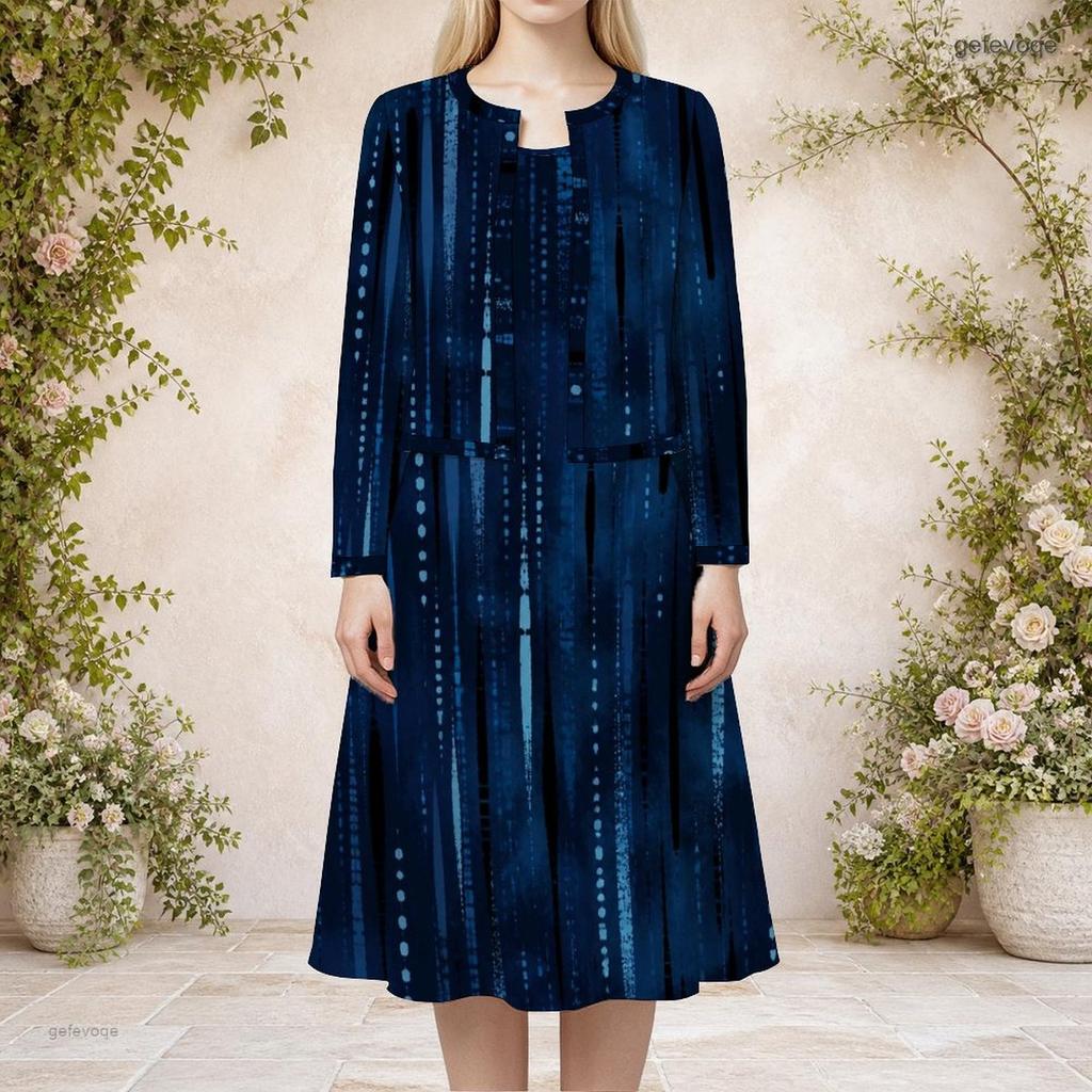Women Plus Size Abstract Printed Two Piece Set Round Neck Long Sleeve Cropped Cardigan Sleeveless Midi Dress