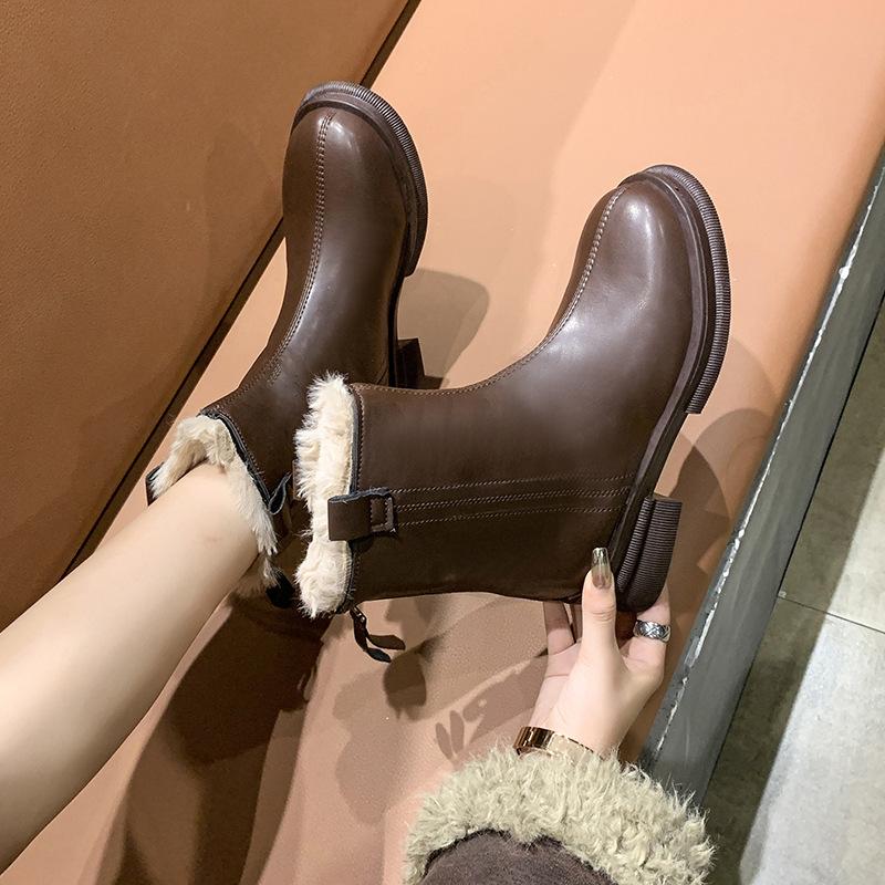 Soft Leather Soft Bottom Low Heel Hairy Mouth Mid Boots Trendy Fashion Boots Women's Boots 2025 Autumn and Winter New Velvet Versatile