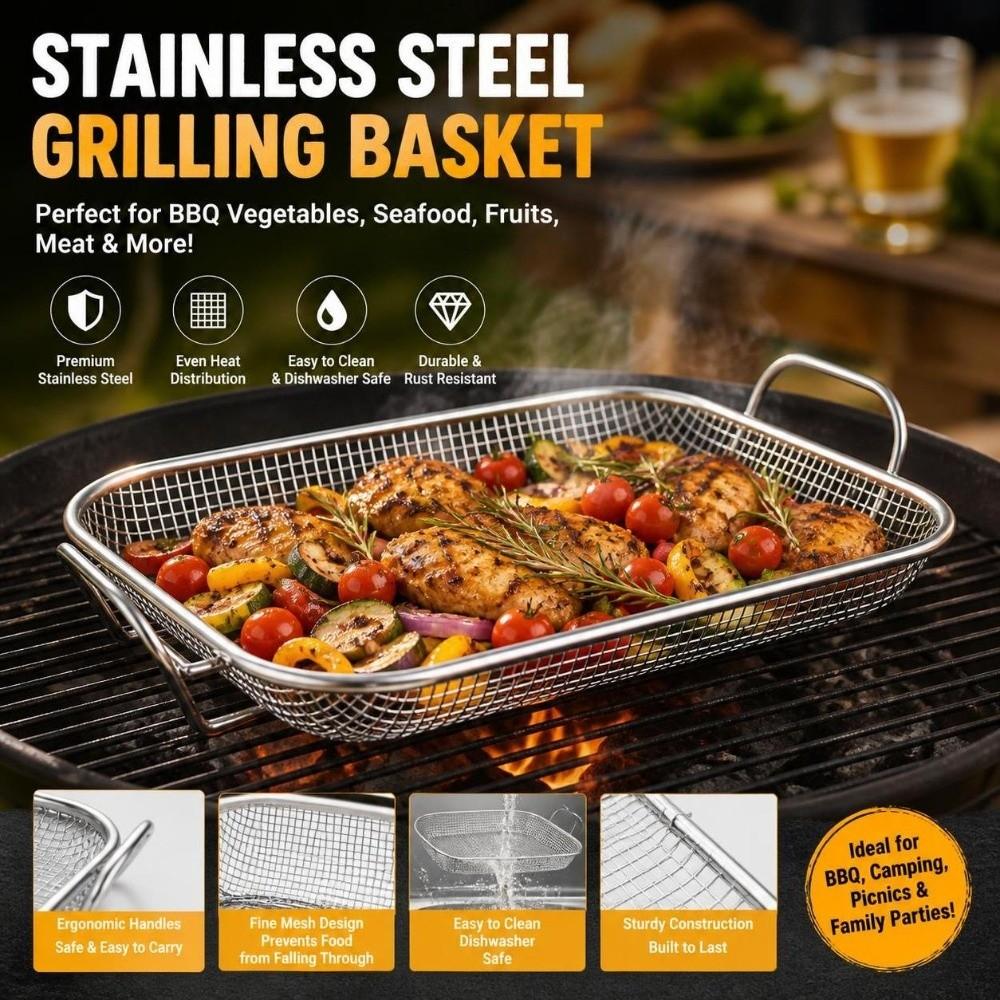 Stainless Steel Wire Mesh Grill Tray Rectangular Draining Frying Net Camping Cookware
